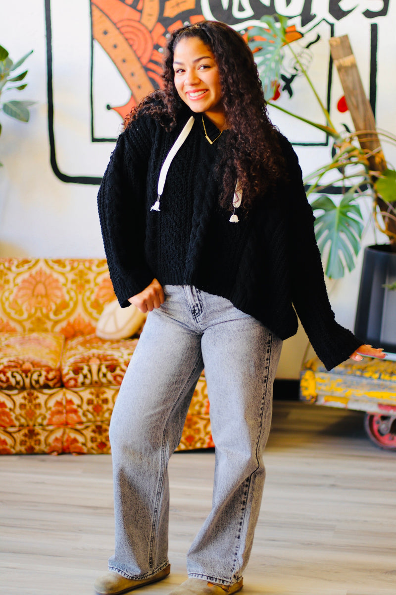 Soft Cable Knit Hooded Sweater + Black