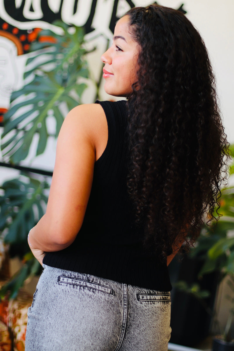 Sleeveless High Neck Ribbed Top + Black