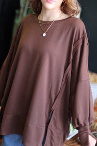 Brown Exposed Seam Oversized Crew Neck