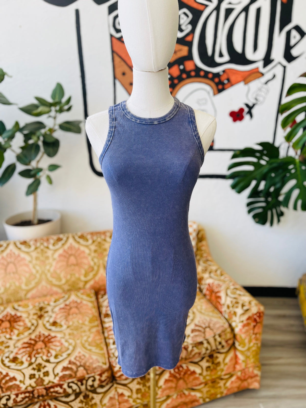 Lets Go Outside Ribbed Tank Dress in Dusty Indigo