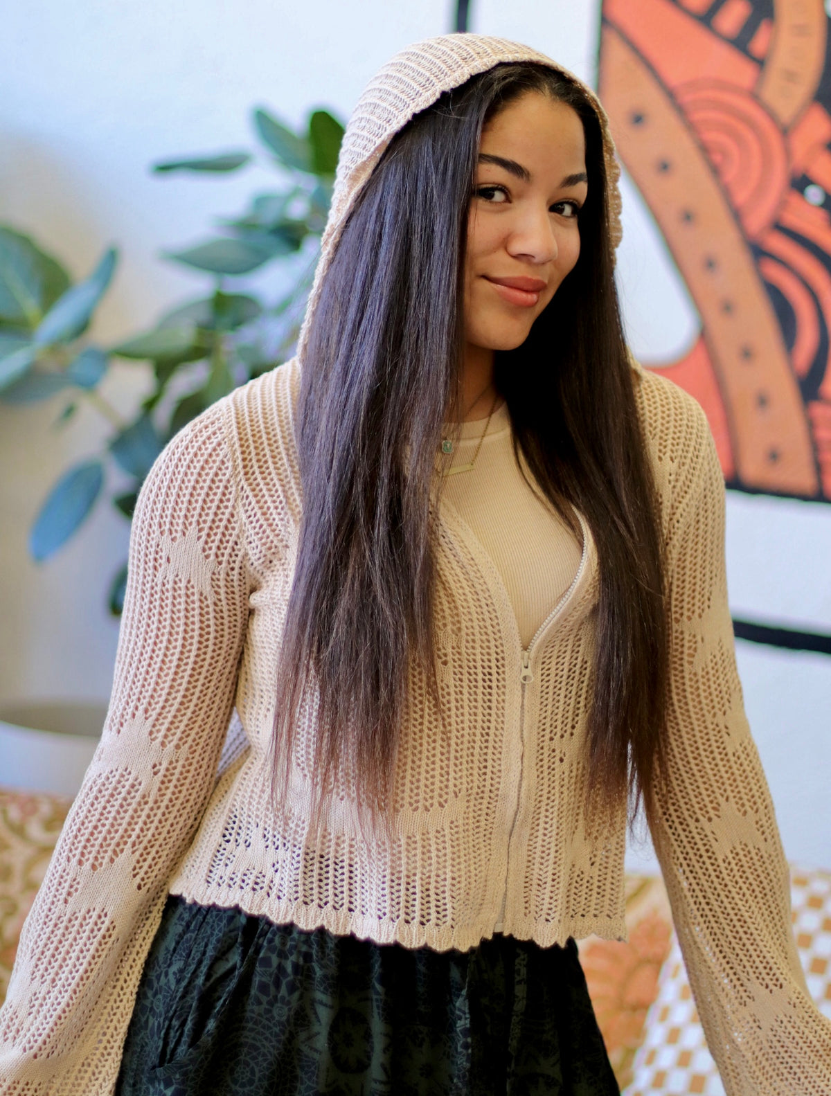 Celestial Lacy Cropped Zip Hoodie in Sand