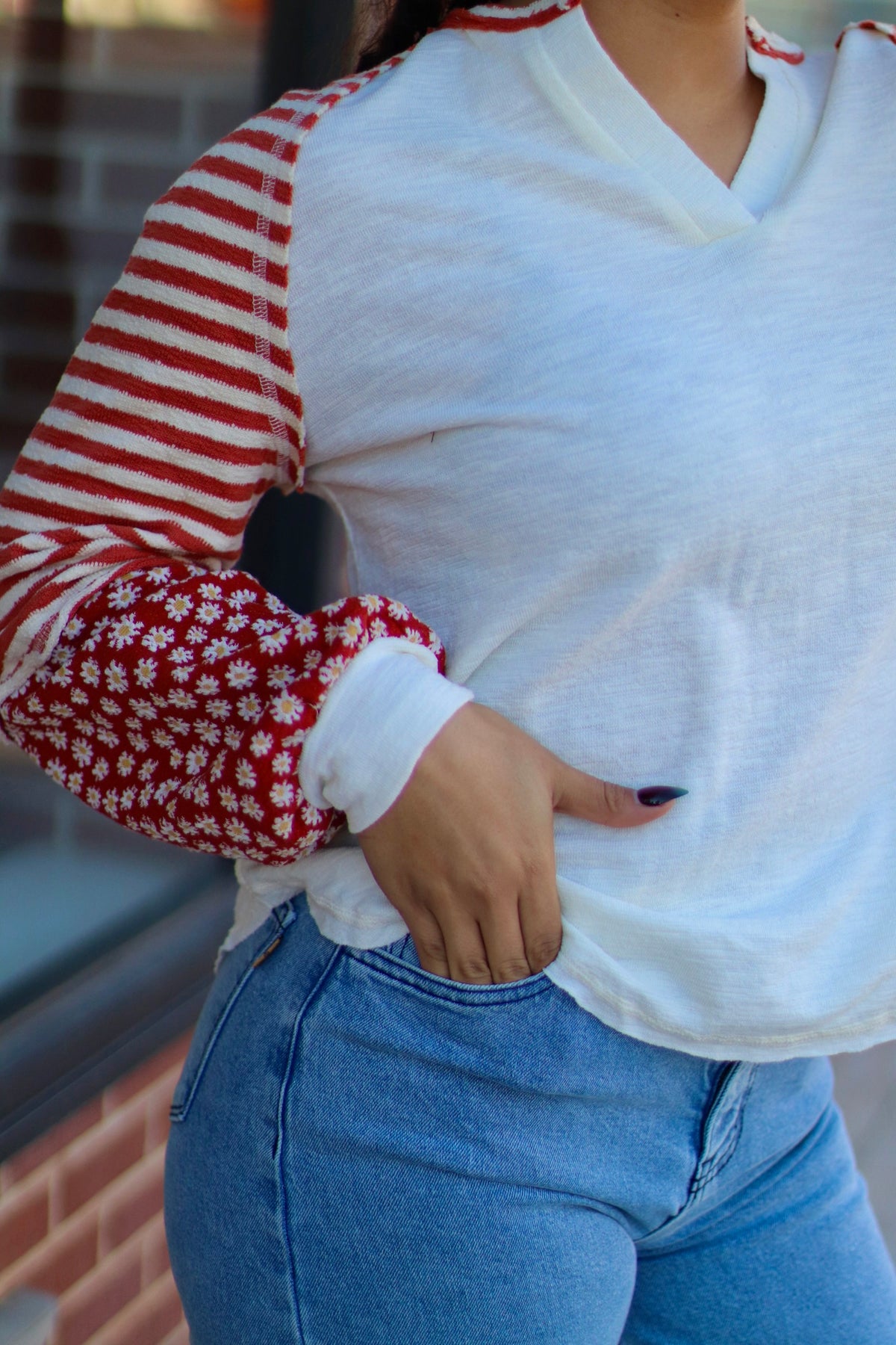 Cream Floral & Stripe Casual Knit Top