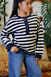 Navy Striped Half Button Down Top