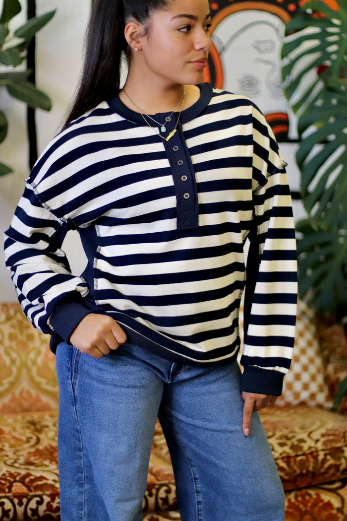 Navy Striped Half Button Down Top