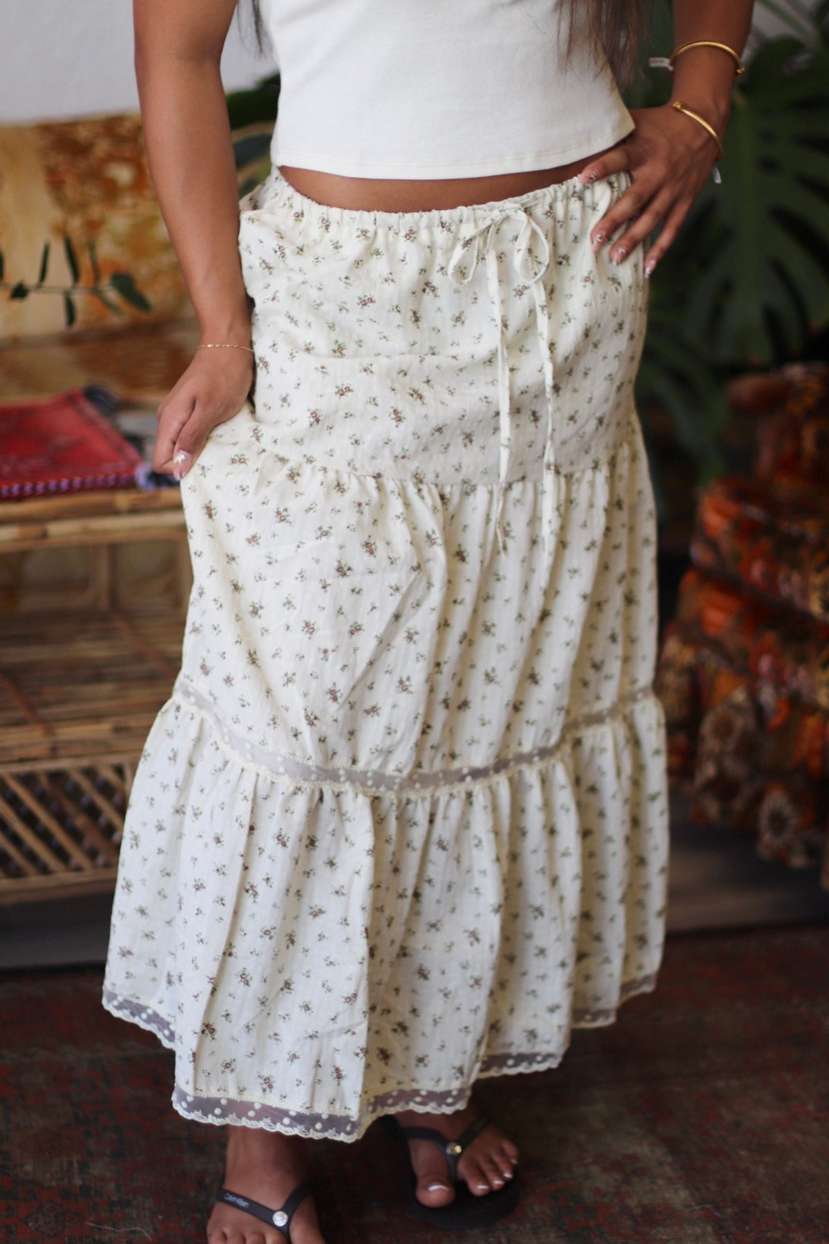Cream Floral Maxi Skirt w/ Polka Dot Detail