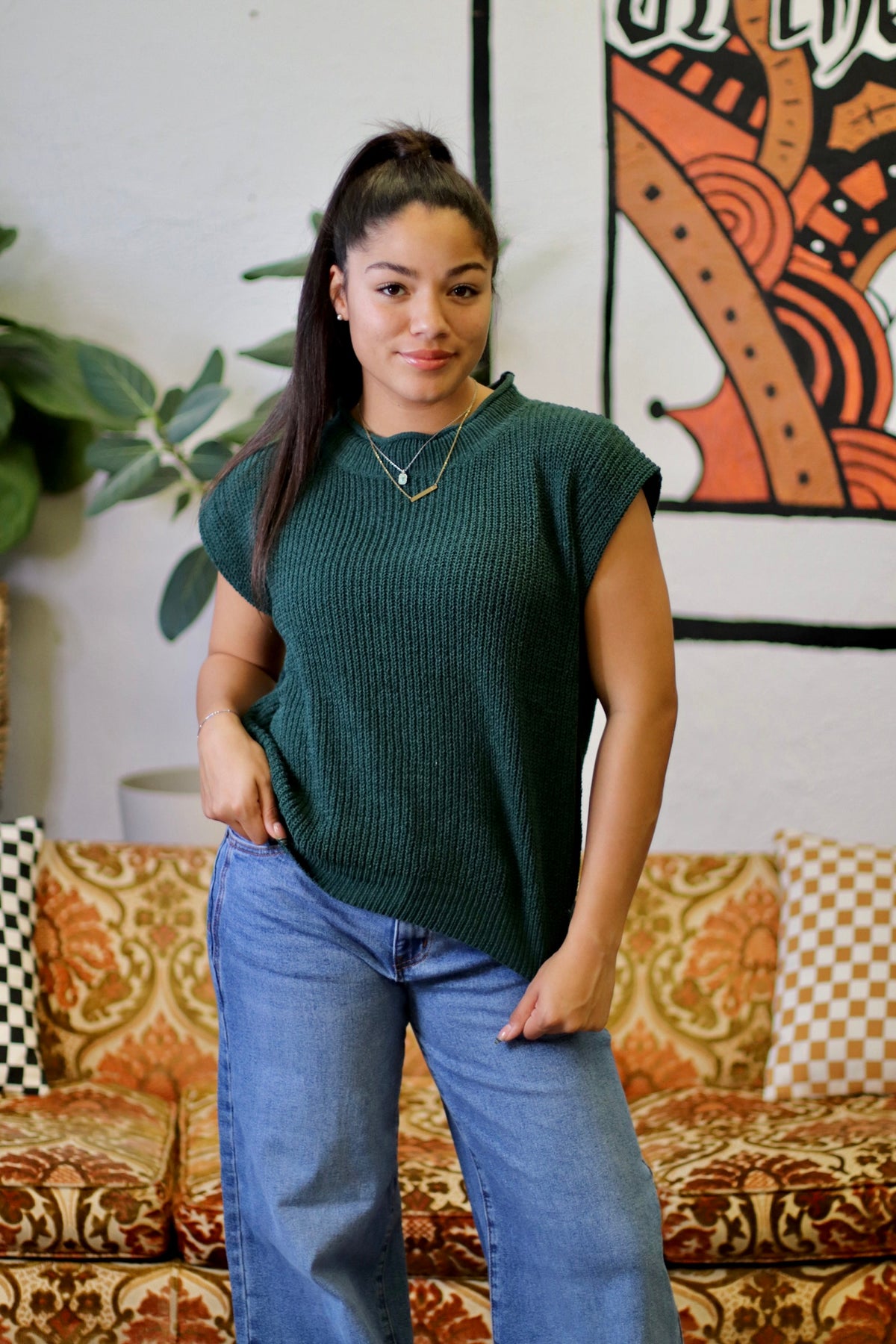 Oversized Soft Knit Sweater Vest Top Forest