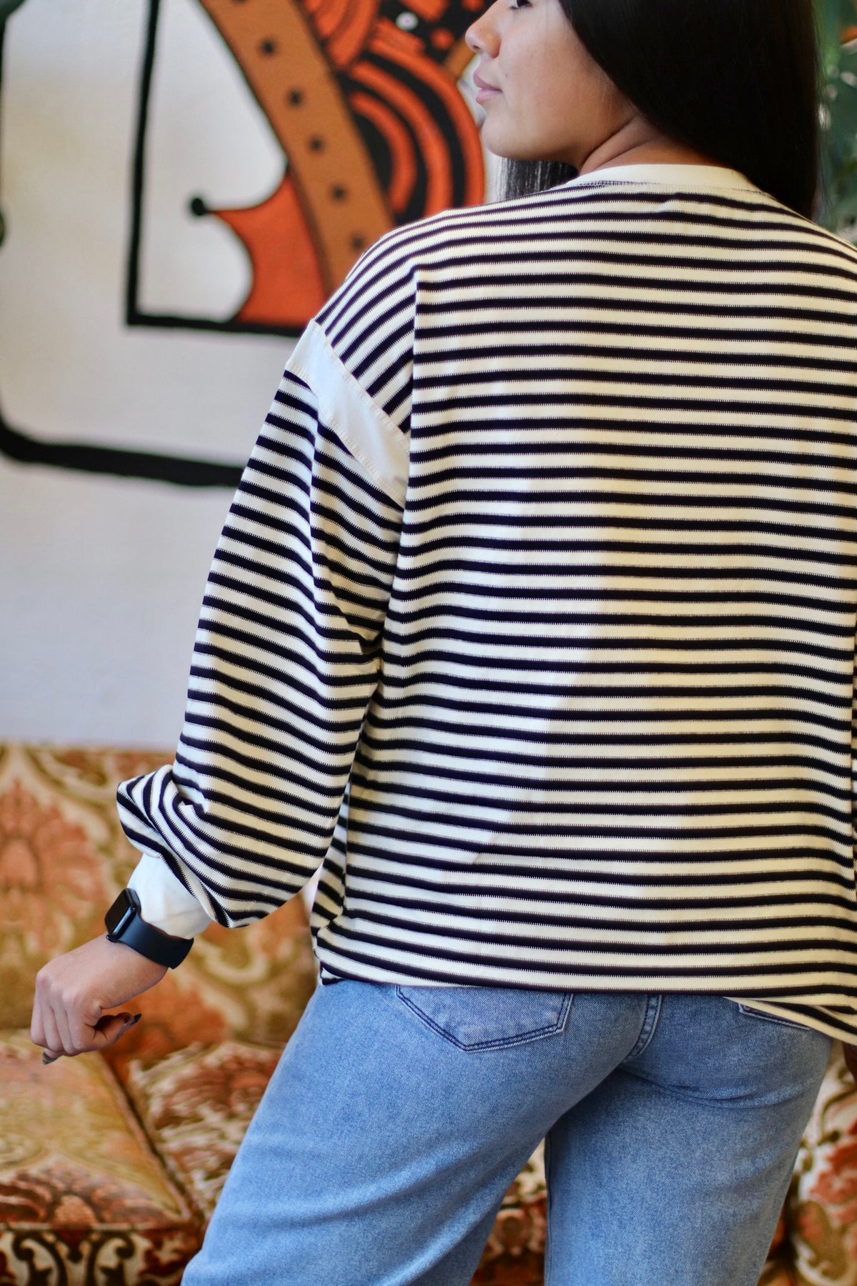 Striped Long Sleeve Casual Top + Black