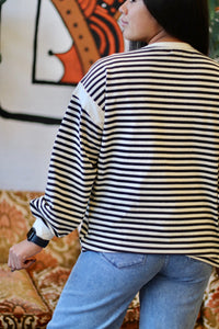Striped Long Sleeve Casual Top + Black