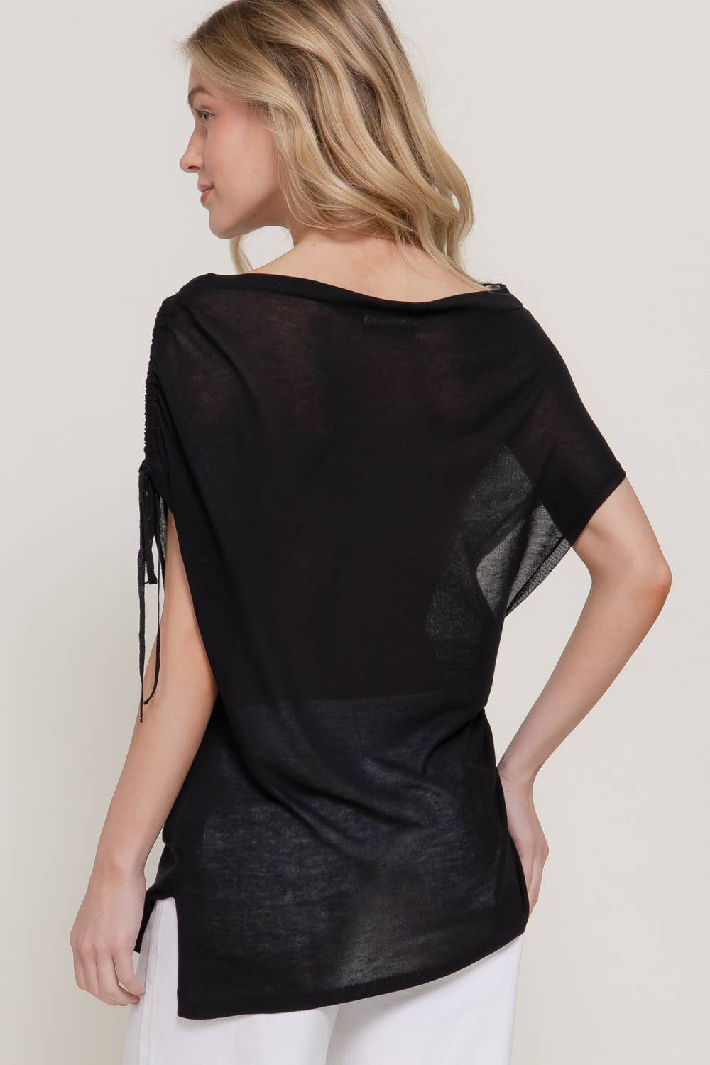 Black Asymmetric Side Drawstring Knit Top