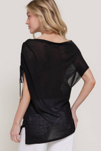Black Asymmetric Side Drawstring Knit Top