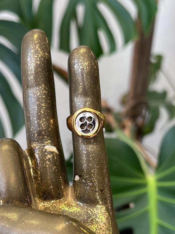 Two Tone Button 18K GP Ring