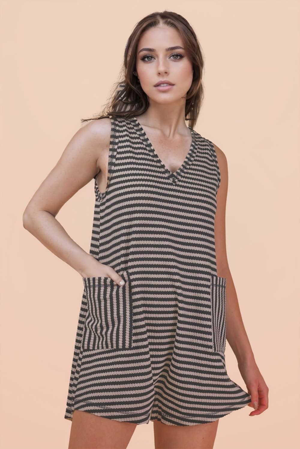 580 B&W Striped Casual Romper