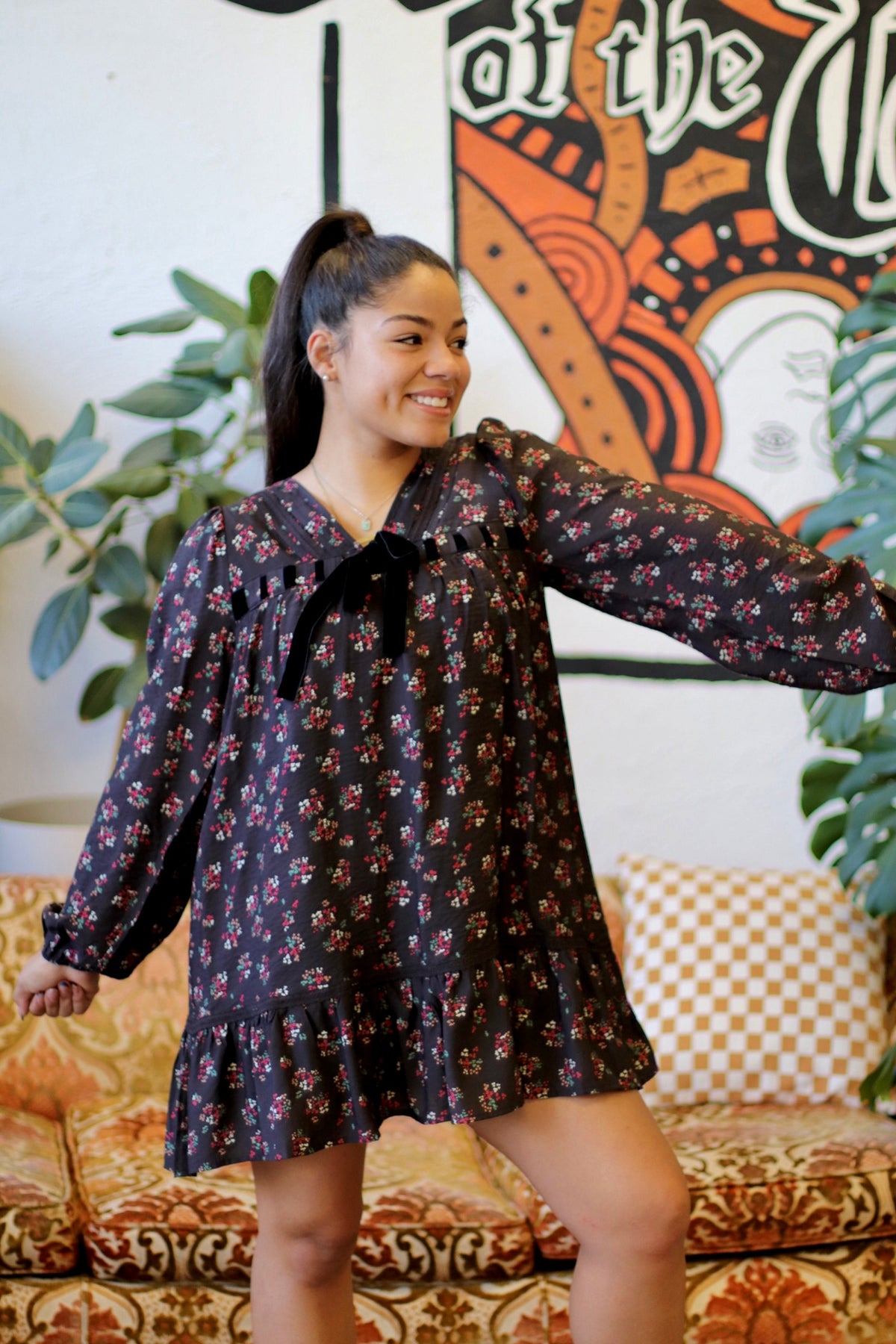 Black Floral Printed Front Bow Mini Dress