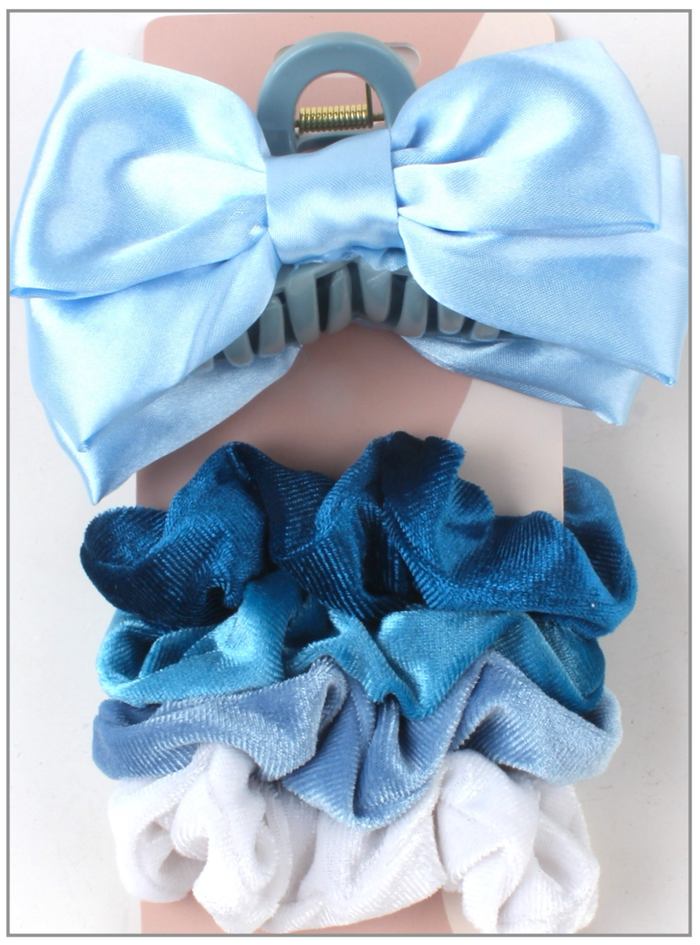 5 PC Bow Clip & Velour Scrunchie - Baby Azure