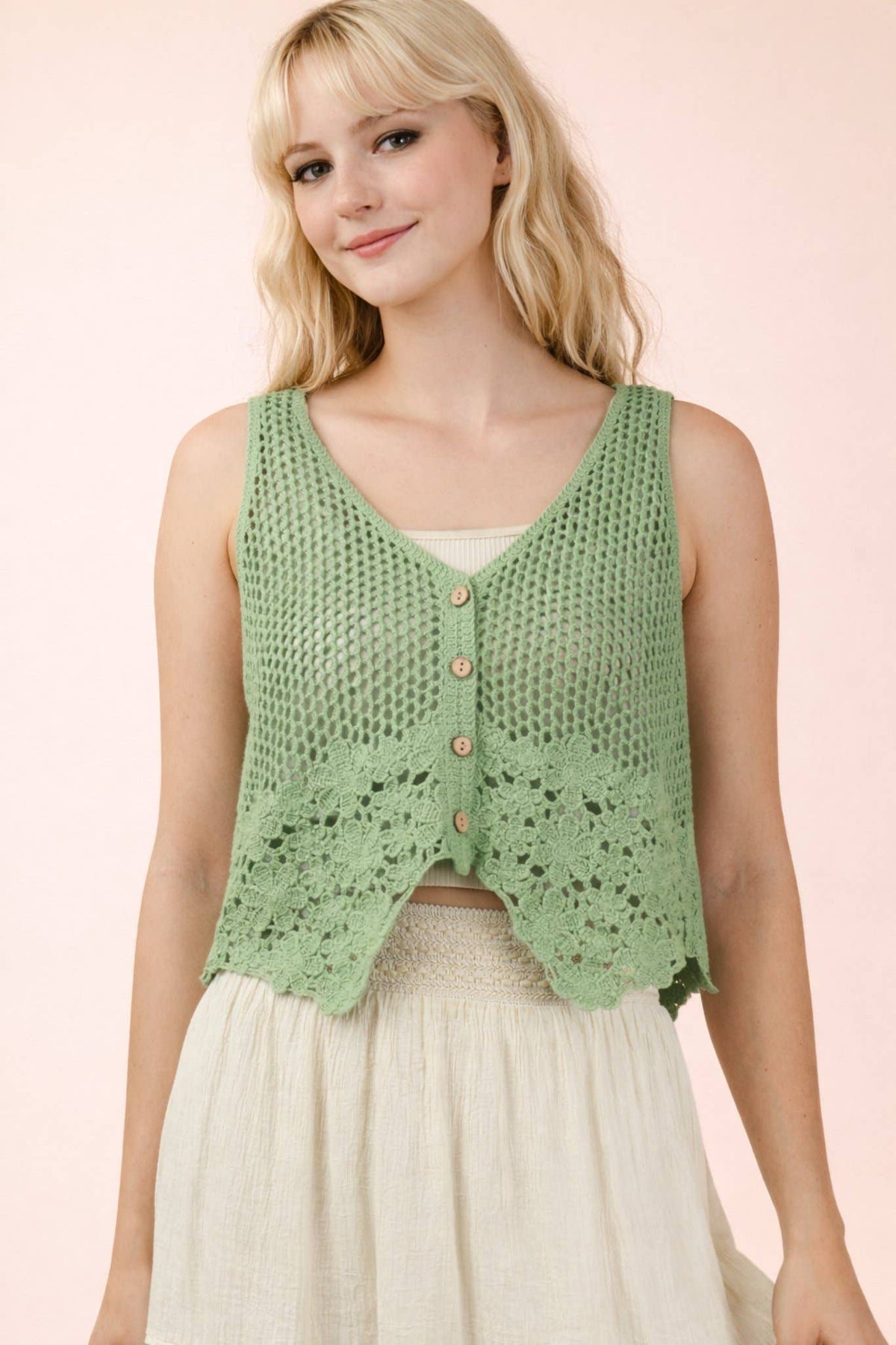 Floral Hem Detail Crochet Knit Vest Sage