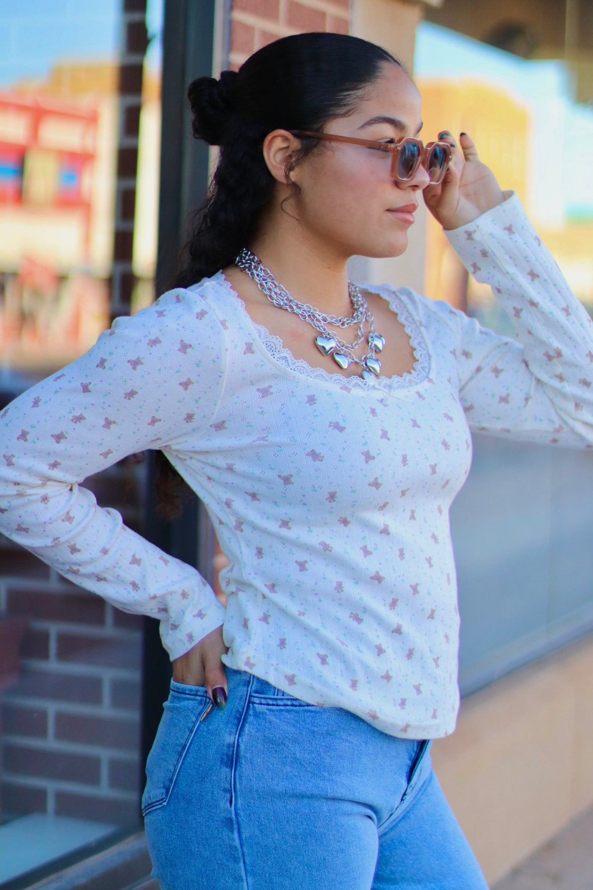 Cream Teddy Print Long Sleeve w/ Lace Detail