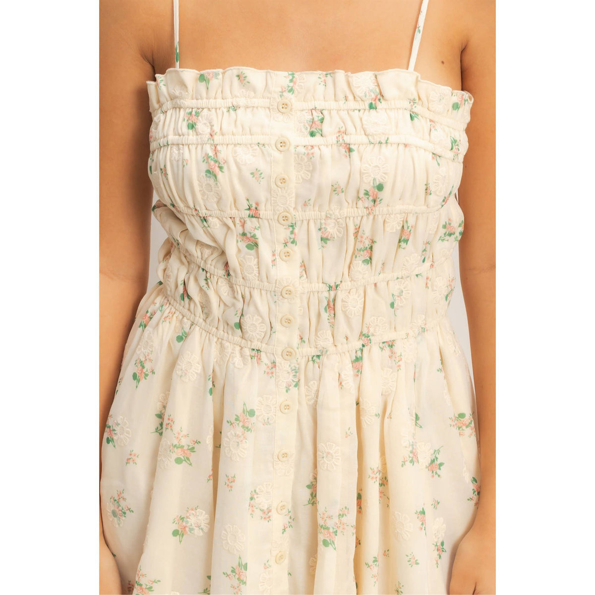 Cream Shirred Floral Button-Front Mini Dress