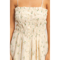Cream Shirred Floral Button-Front Mini Dress