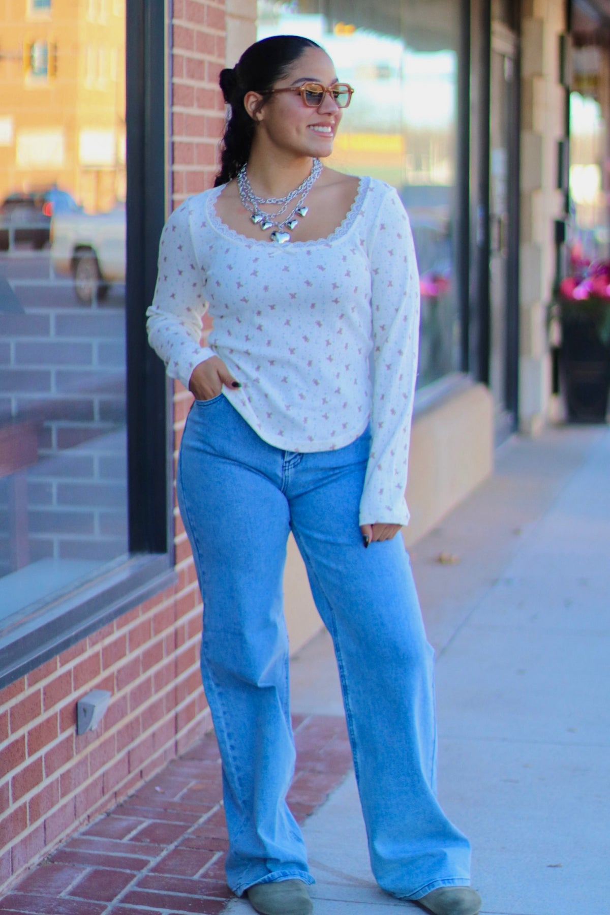 Cream Teddy Print Long Sleeve w/ Lace Detail