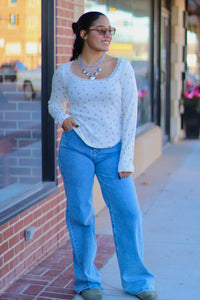 Cream Teddy Print Long Sleeve w/ Lace Detail