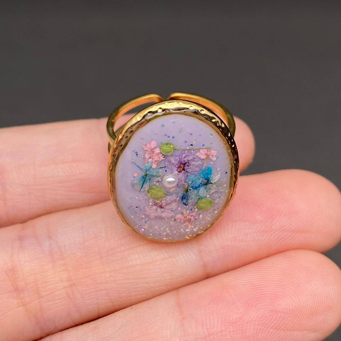 Purple Floral Oval 18K Adjustable Ring
