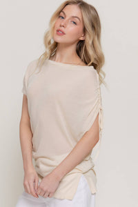 Sand Asymmetric Side Drawstring Knit Top