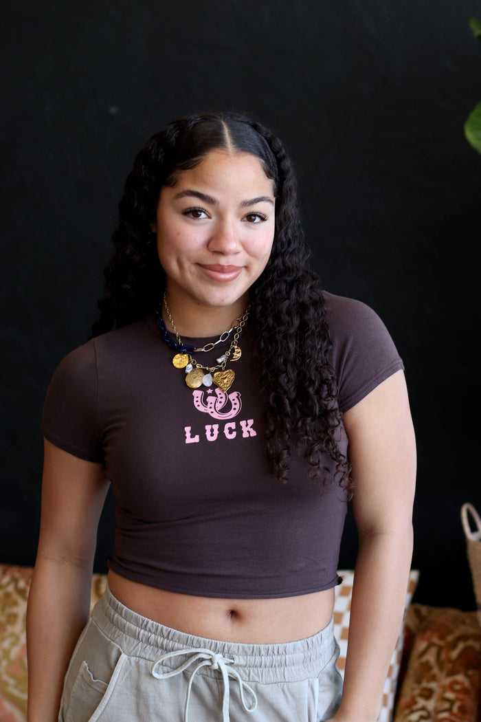 Lucky Horseshoe Cropped Brown Tee