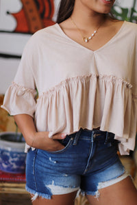 V-Neck Ruffle Hem Top in Almond