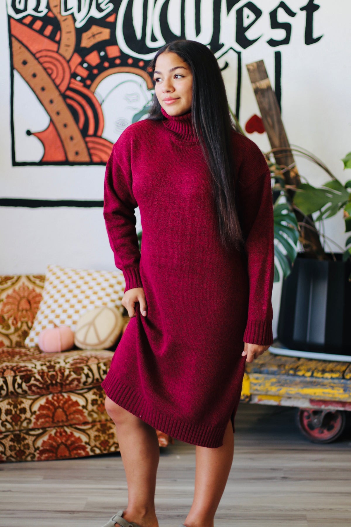 Turtle Neck Midi Dress + Cabernet
