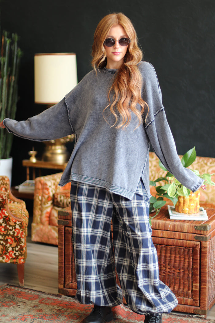 Felicity Drop Sleeve Raw Edge Crewneck in Navy