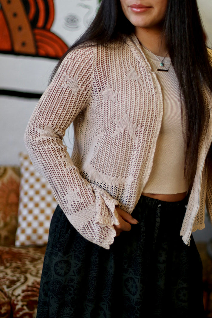 Celestial Lacy Cropped Zip Hoodie in Sand