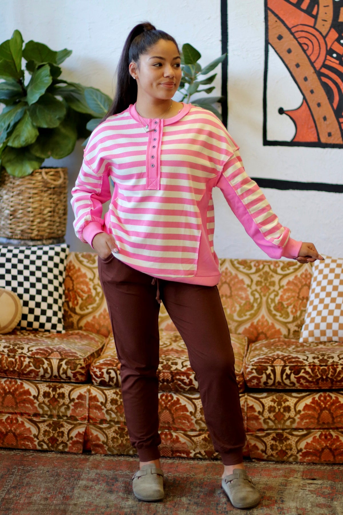 Pink Striped Half Button Down Top