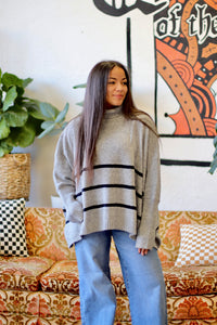 Striped Turtle Neck Oversized Sweater + Grey