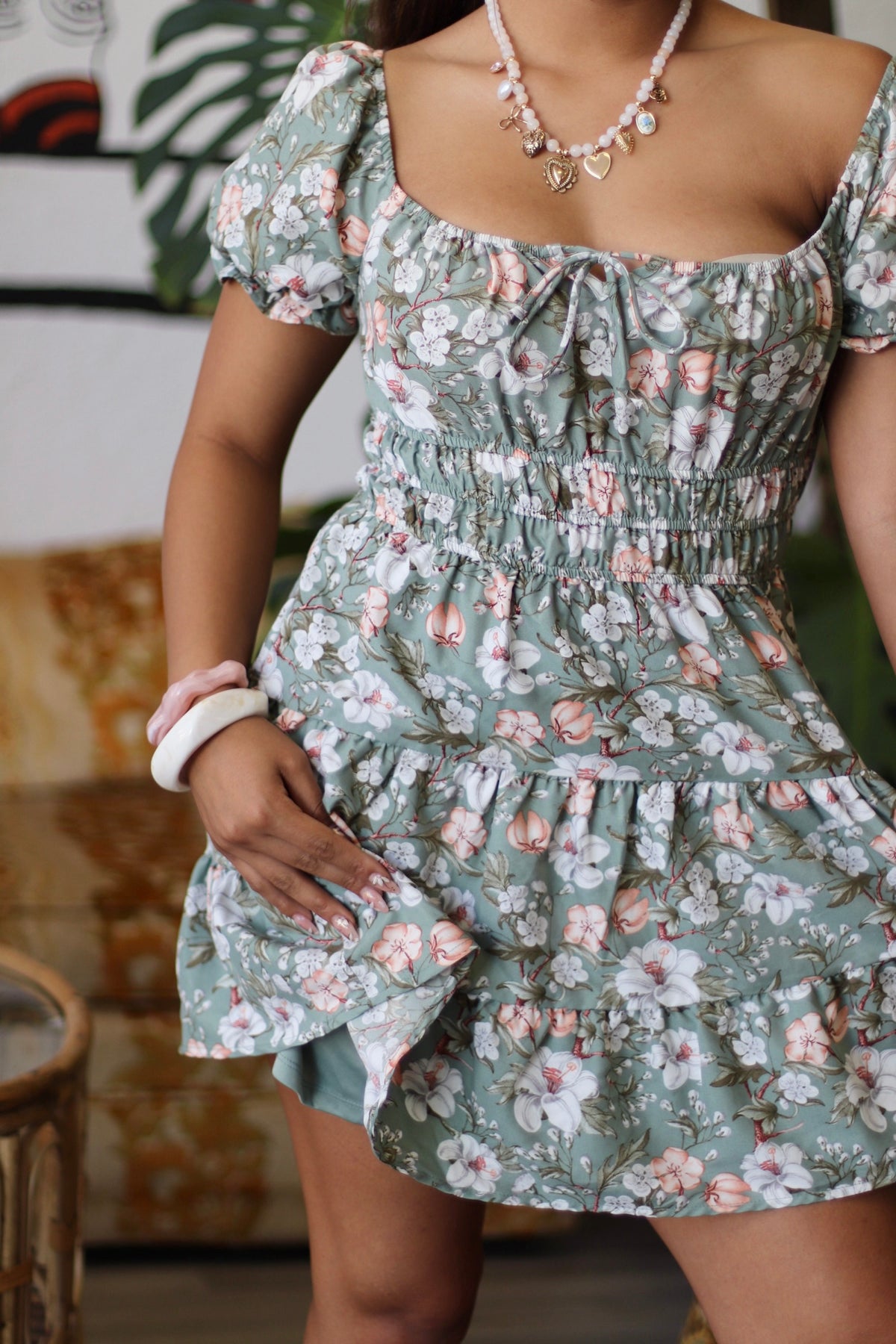 Floral Puff Sleeve Peasant Woven Mini Dress