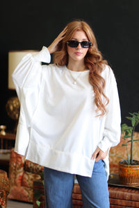 White Exposed Seam Oversized Crew Neck