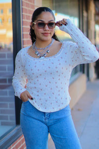 Cream Teddy Print Long Sleeve w/ Lace Detail