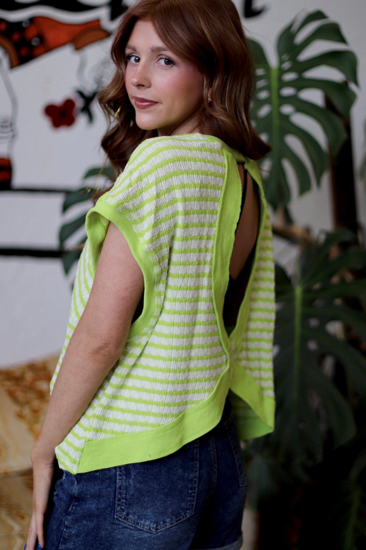 580 Lime Striped Open Back Top