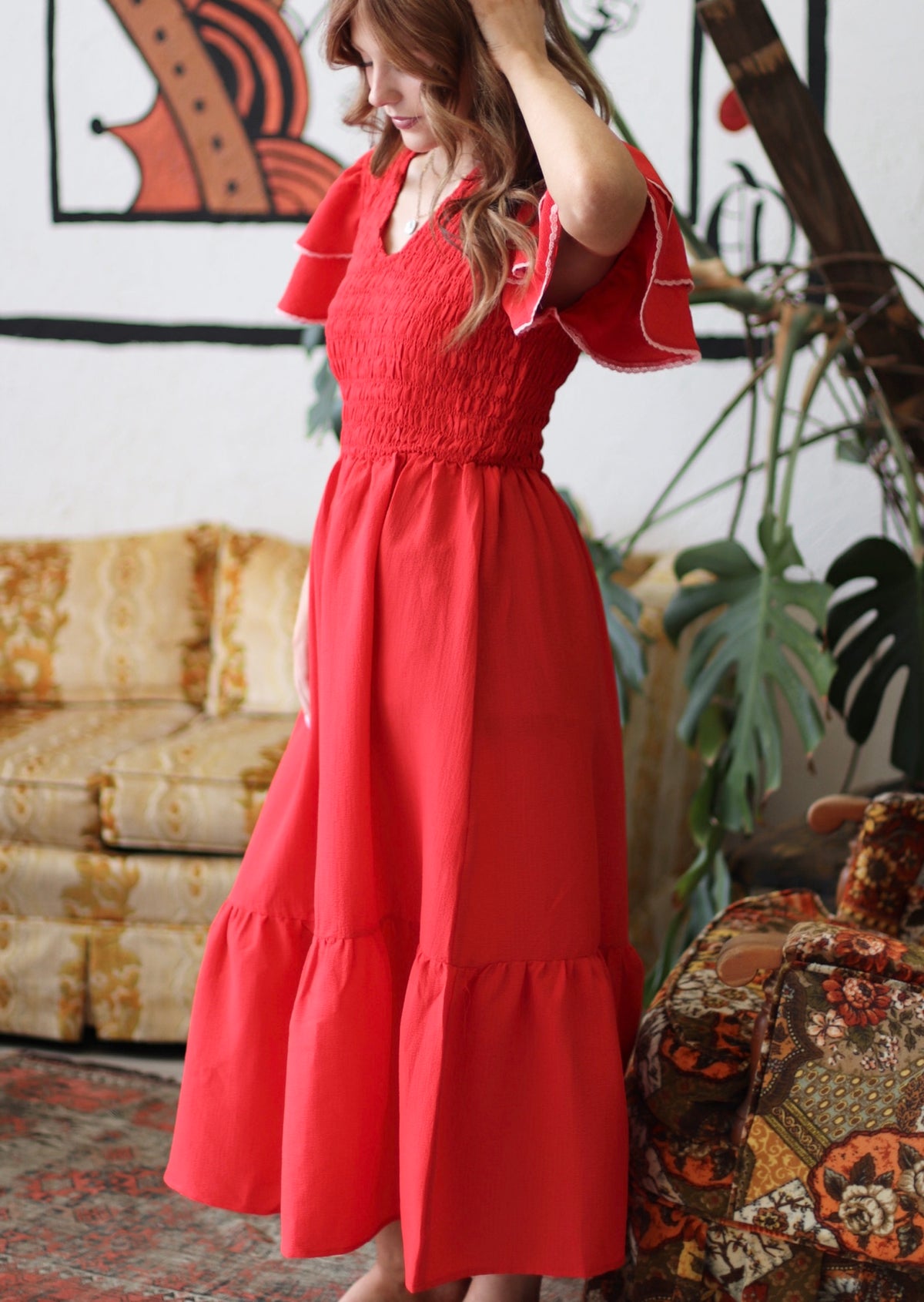Red Ruffle Sleeve Midi Dress