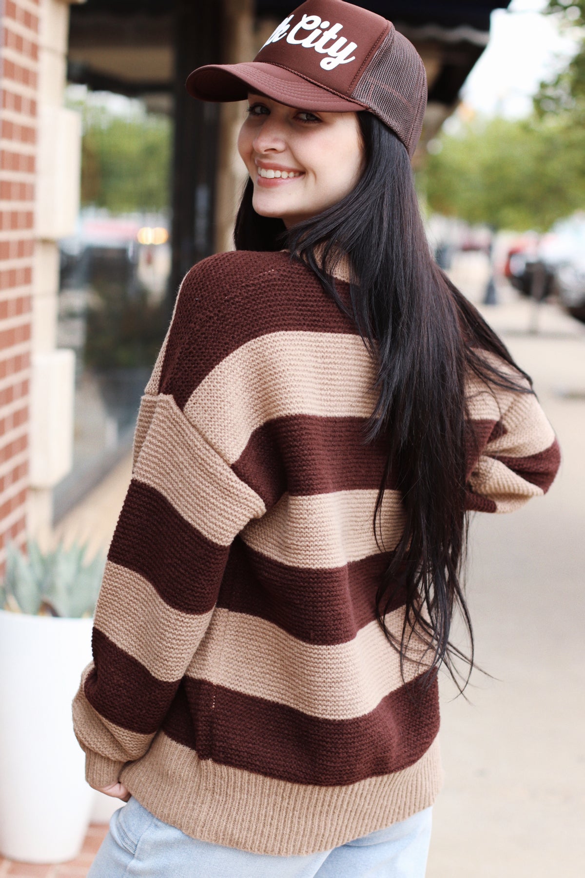 Striped Gameday Sweater + Taupe/Brown