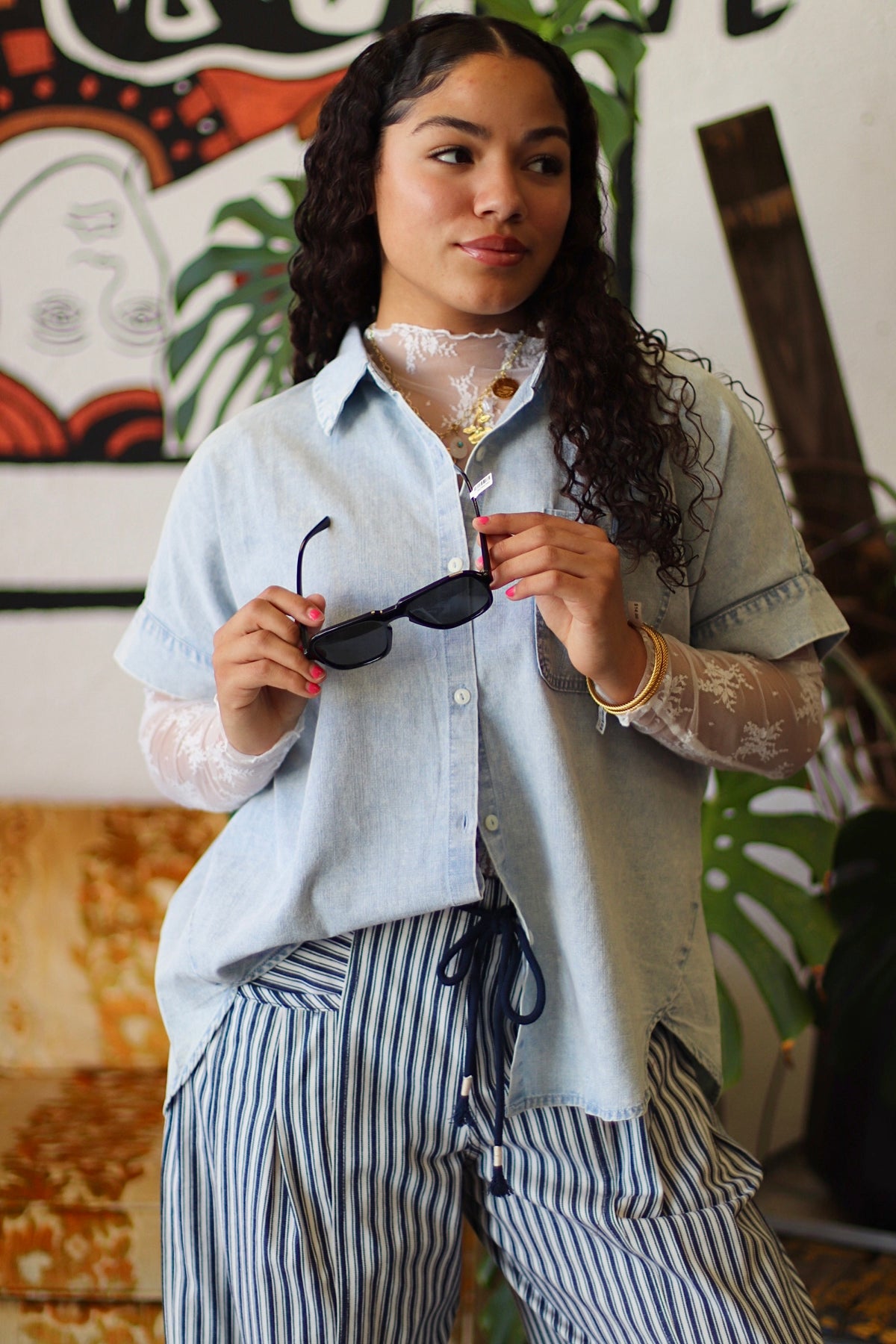 Junie Navy Striped Barrel Denim Pants