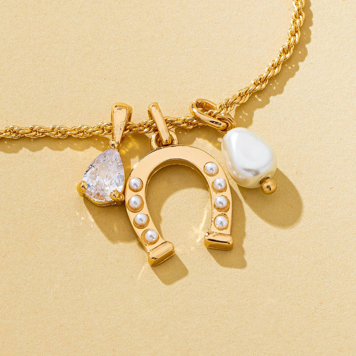 Pave Horseshoe & Pearl Drop Charm Necklace