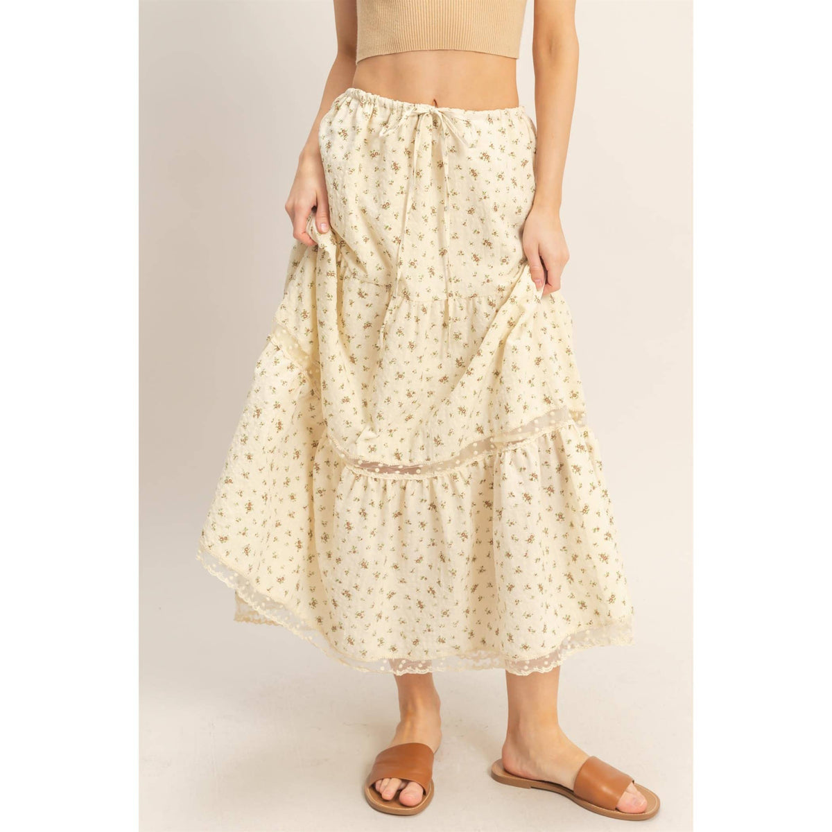 Cream Floral Maxi Skirt w/ Polka Dot Detail
