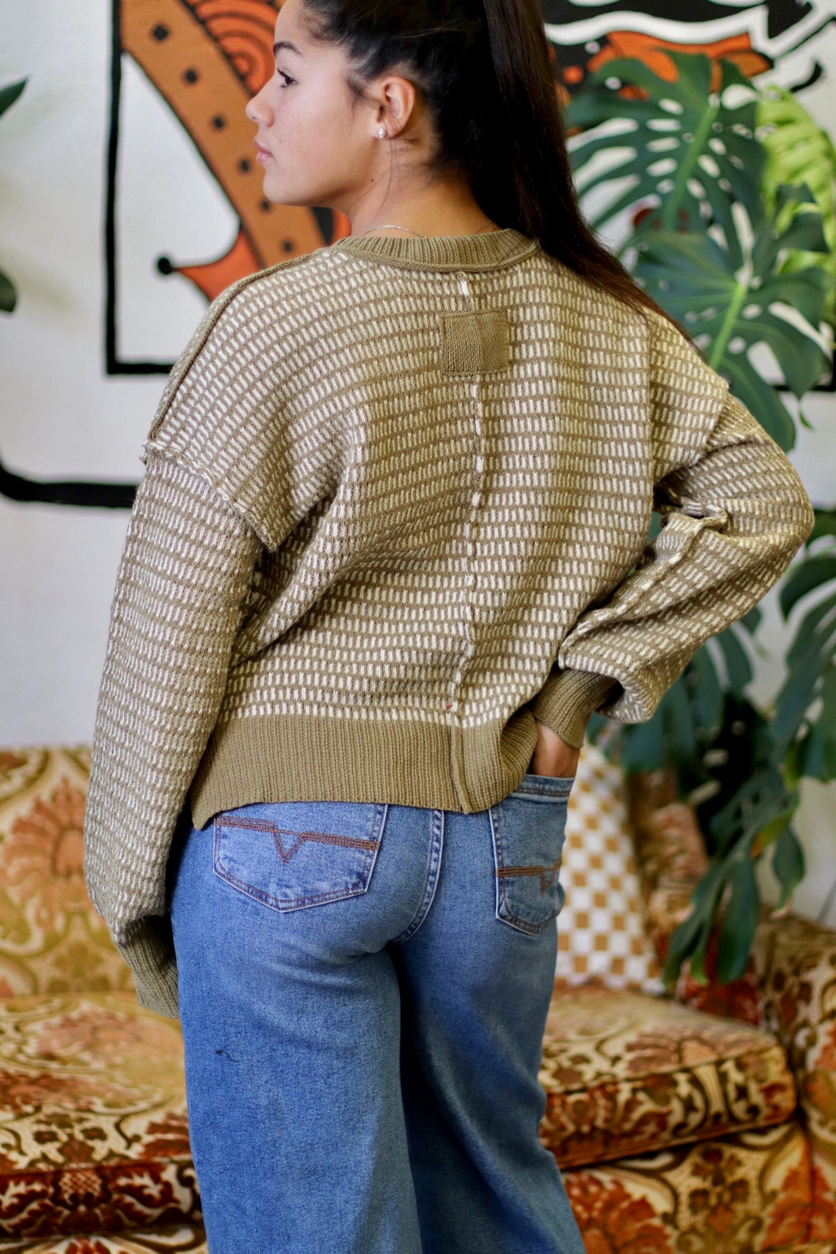 Olive Two Tone Textured Knit Casual Sweater Top