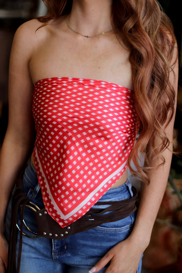 Pinkish Red Gingham Silk-Finish Square Scarf