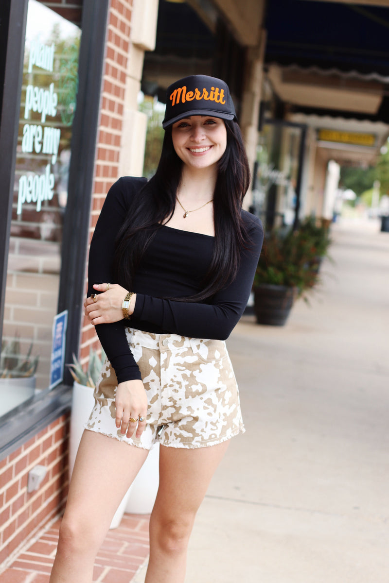 Cow Print Denim Shorts