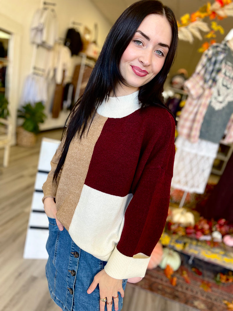 model wearing a colorblock mock neck sweater