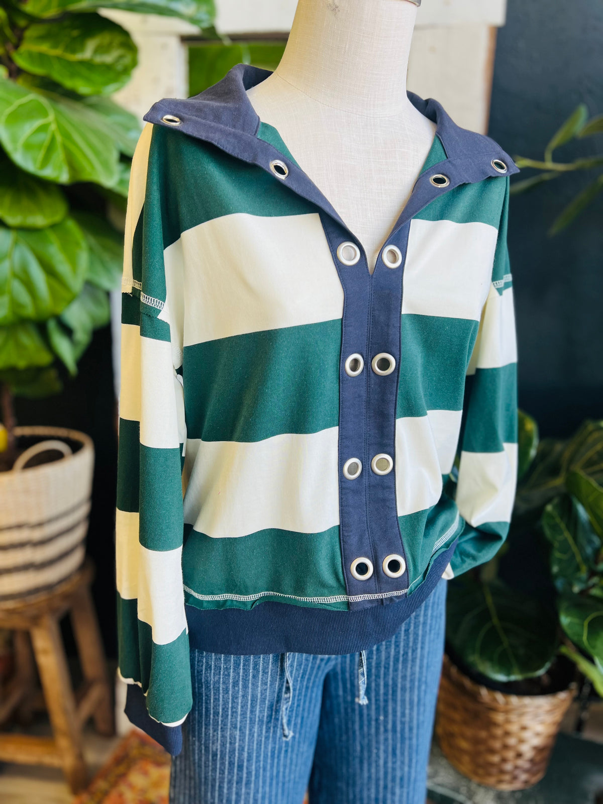 Saltburn Green Striped Collared Long Sleeve