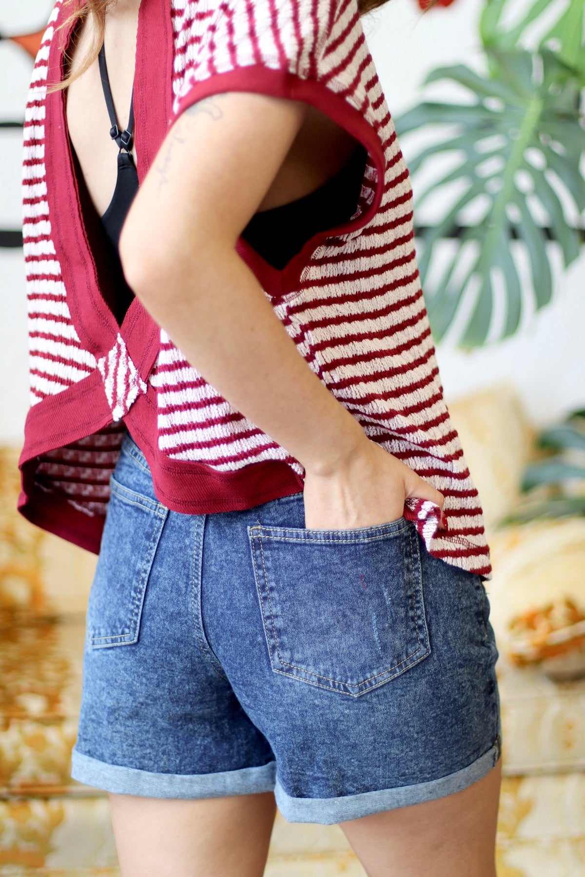 580 Friday Burgundy Striped Open Back Top