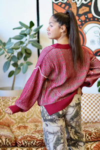 Oversized Two Tone Knit Sweater Wine