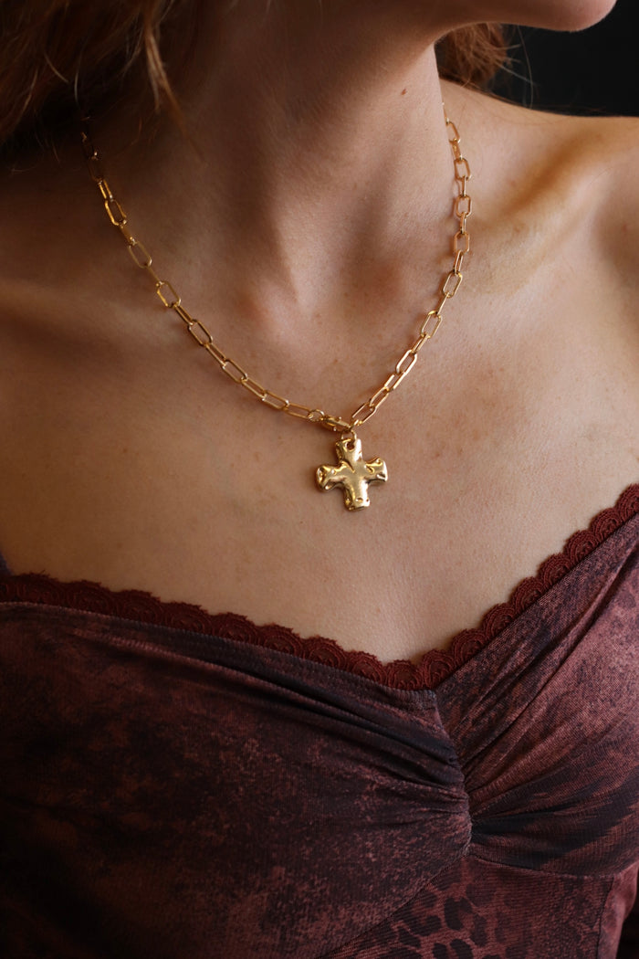 Gold Hammered Chunky Chain Cross Necklace